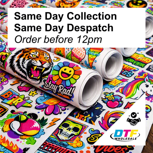 A promotional graphic showing dtf rolls of colourful transfers designs, including a vibrant high quality 300dpi prints and 'Same Day Collection Same Day Despatch Order before 12pm'. A DTF Wholesale logo is visible in the bottom right corner.